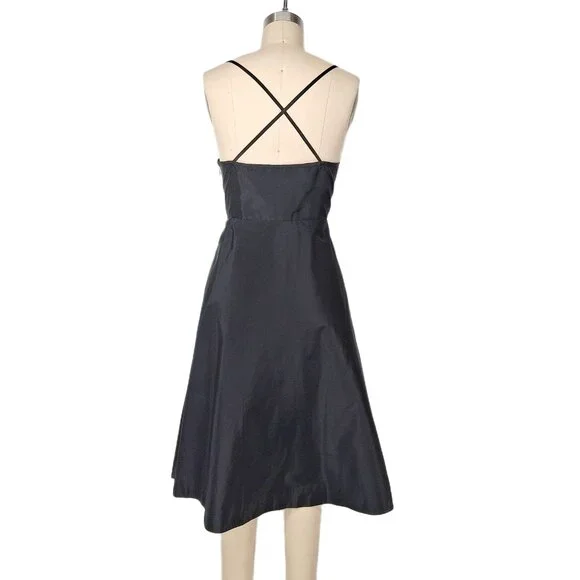 J.Crew Black Silk Taffeta Midi Dress A Line Cocktail Criss Cross Back Lined SZ 8 - Picture 2 of 12